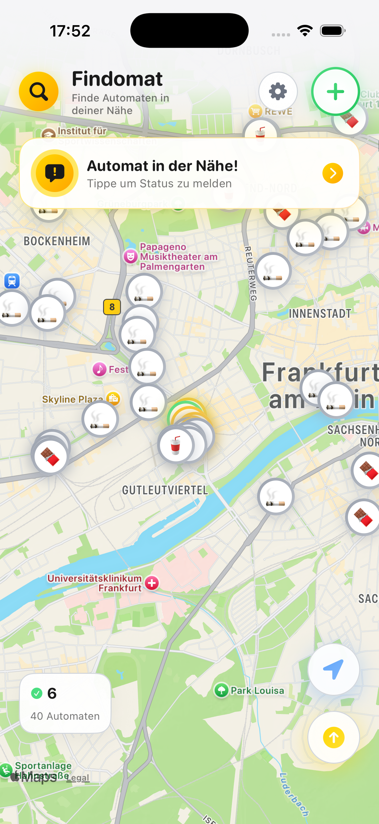 Findomat App - Kartenansicht mit Automaten in Frankfurt