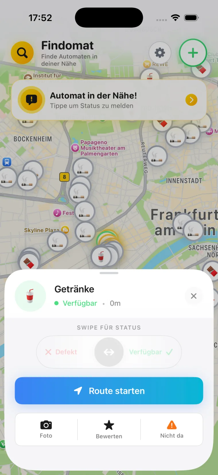 Detailansicht eines Getränkeautomaten mit Status „Verfügbar", Wisch-Regler für die Statusmeldung und Schaltfläche „Route starten".