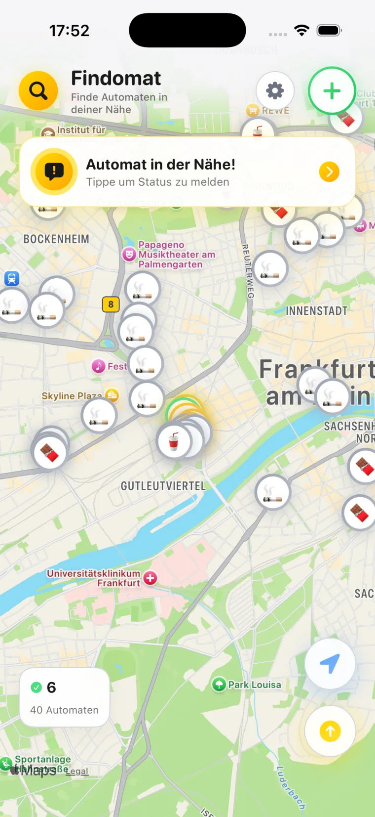 Findomat-Karte mit Automaten in Frankfurt am Main, jeder Standort als Symbol mit seinem Automatentyp.